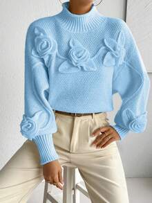 Almamuse Solid Color High Neck 3D Floral Decor Long Sleeve Pullover Sweater - Blue - View 6