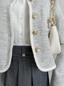 Celisse Elegant Women's Jacket With Tweed Fabric Patchwork, Pockets And Metal Buttons - Grey - View 3