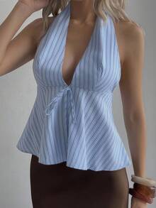 DAZY Women's Sleeveless Striped Neck Top, Casual Summer Vacation Top Going Out Tops - Blue - View 5