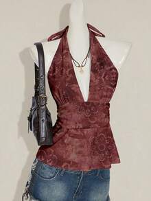 SHEIN ICON Halter Deep V-Neck Cinched A-Line Backless Vintage Paisley Print Bohemian Backless Camisole, Sexy Club Wear For Women, Y2K, Grunge, Goth Cyber Punk And Aesthetic Style - Multicolor - View 5