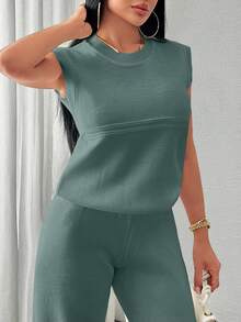 EURMUSE Two Pieces Sleeveless Knit Set Featuring Minimalist Crew Neck Top And High-Waisted Ribbed Pants In Soft Ivory - Mint Green - View 4