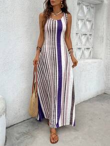 EMERY ROSE 女式复古条纹无袖圆领连衣裙 - 紫色 - 查看 4