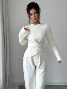 Elenzga كنزة صوفية نسائية أنيقة ذات لون أحادي مع أكمام واسعة متقاطعة - أبيض - مشاهدة 3