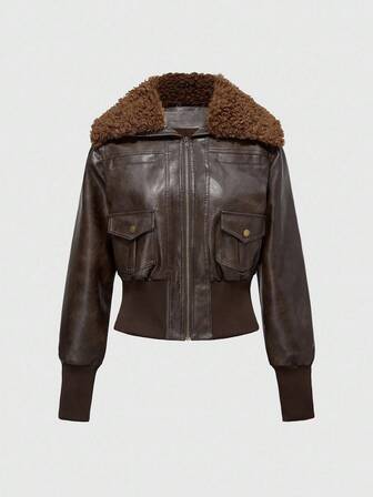 EDITION Vintage Street-Style Distressed PU Biker Feeling Faux Fur Collar Fitted Women Jacket