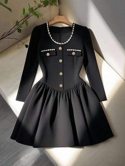 Airaco 女士优雅修身圆领丝带拼布褶皱泡泡袖短款连衣裙