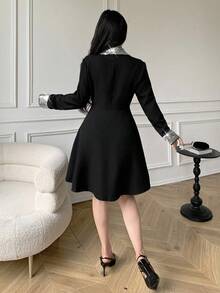 Celisse Jaket Wanita Elegan dengan Hiasan Payet, Kerah Berbentuk Kancing Ganda, dan Pinggang yang Dikencangkan, Musim Gugur - Hitam - View 2