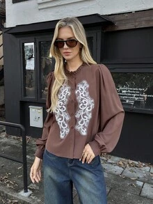 Elyressa An Elegant Autumn Shirt For Women's Woven And Embroidered Vacation Commuting - Coffee Brown - View 5