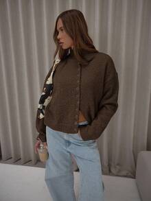 MUSERA Cárdigan de punto esponjoso de cuello de embudo de manga larga, elegante, lindo, sexy, ropa de calle, salida nocturna, fiesta de invierno, noche elegante, suéter de - Marrón - Ver 5