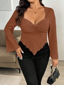 Vionelle Áo thun trơn màu trơn cỡ lớn, viền bất đối xứng, Thu/Đông - trái cam - Xem 3