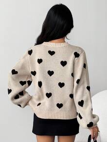 SHEIN Suéter holgado de punto con decoración de lazo y estampado de corazones para adolescentes - Caqui - Ver 5