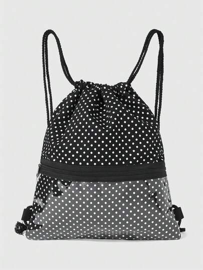 Anime حقيبة ظهر بسحاب شفاف جانبي ذات نقشة نقاط سوداء على خلفية بيضاء، ذات سعة كبيرة متعددة الوظائف مناسبة للمدرسة والعطلات والتسوق