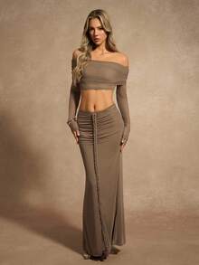 Chiquease Conjunto de 2 piezas de blusa de hombros y falda midi elegante para mujer - Caqui - Ver 1