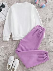 SHEIN Girls Brooklyn Print Thermal Lined Crew Neck Long Sleeve Sweatshirt Set - Multicolor - View 2