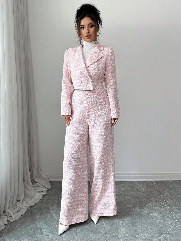 Modelyn Conjunto de 2 piezas de Mujer: Cárdigan de punto de tweed y pantalón de pierna recta, color rosa - Rosa - Añade 6