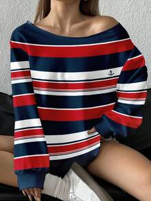 SHEIN EZwear Plus Size Women's Off-Shoulder Loose Casual Long Sleeve Lightweight Sweatshirt, Autumn/Winter Red White And Blue Outfit Women Fourth Of July Top Long Sleeve Summer Top Red White And Blue Top Striped Long Sleeve