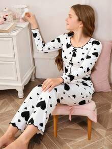 Tween Girl Heart Print Contrast Piping Lettuce Trim Bow Front Top & Pants Pajama Set, Spring/Autumn - Multicolor - View 6