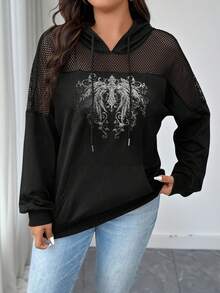 Elenzga Plus Size Women Casual Sports Patchwork Hollow Mesh Printed Sweatshirt - Black - View 7