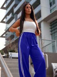 SAYEHFBABY Women's Casual Side Stripe Drawstring Relaxed Straight Pants Fall Cloth For Women - Royal Blue - View 5