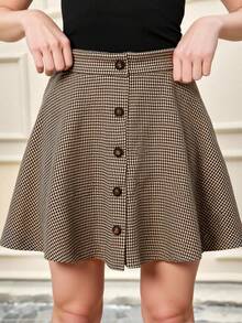 Serisse Kids Tween Girls' Casual Everyday Vintage Versatile Elegant Houndstooth Button Front A-Line Skirt, Collegiate Patterned Skirt, Khaki Skirts, Brown Skirt, Cute Skirt, Skirt Outfit