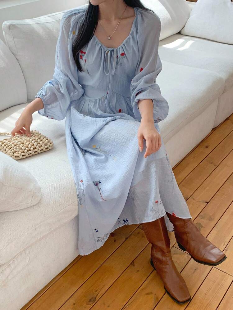 Women's V-Neck Cinched Waist Loose Embroidered Mid-Length Dress Maxi Dress Floral Dresses For Women