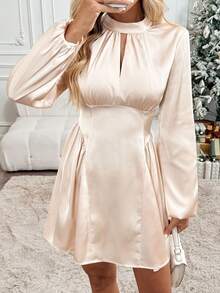 SHEIN LUNE Stand Collar Lantern Sleeve Ruched A-Line Waist Dress Christmas - Apricot - View 1