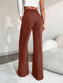 EURMUSE Women's Solid Color High Waist Straight Leg Suit Pants, Office Wear - Rust Brown - View 2