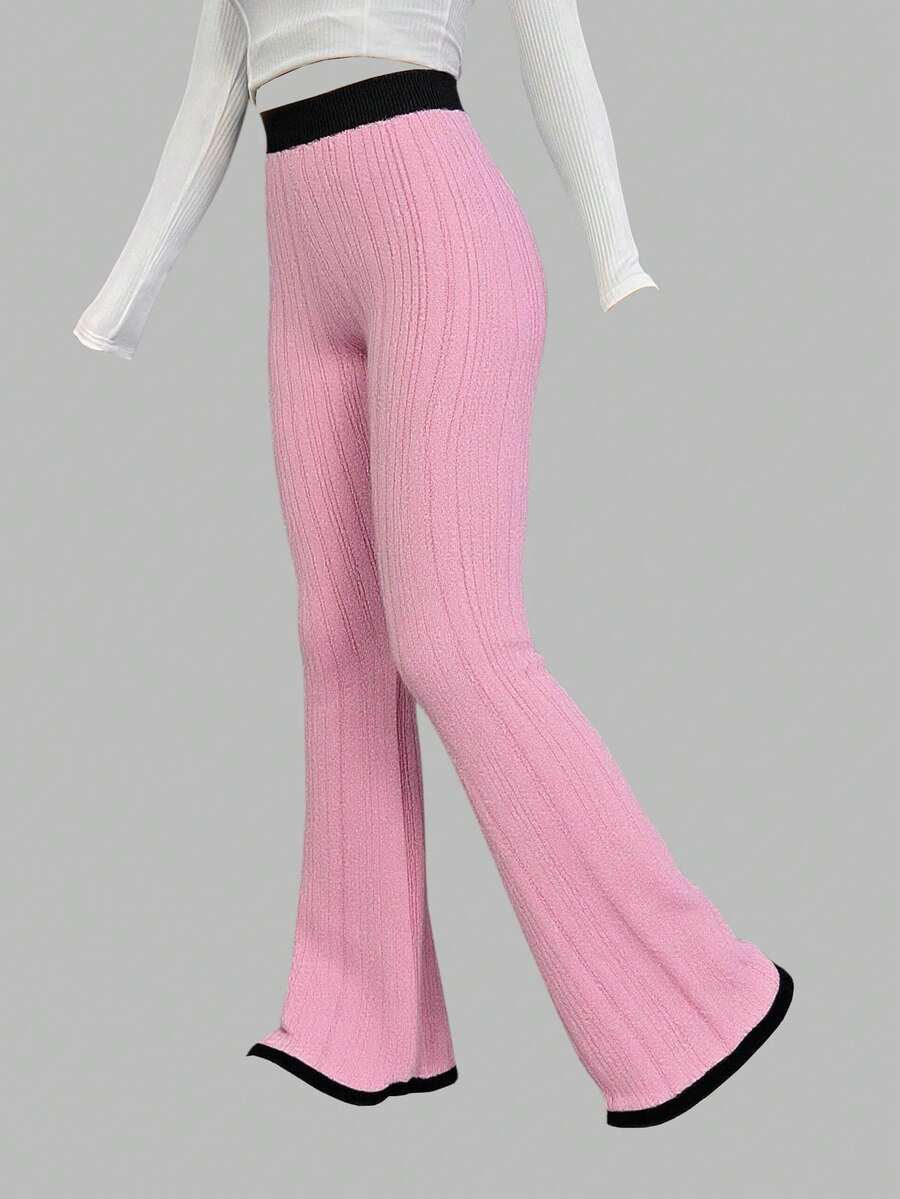 SHEIN MOD Women's Contrast Color Elastic Waist Casual Knit Flare Pants,Fall Clothes For Women,Pink Knit Pants,Flared Pants