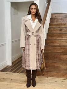 Abrigo de trinchera casual de mujer LanaWest con estilo occidental, cordones y hebilla, en diseño de patchwork a cuadros - Caqui - Ver 5