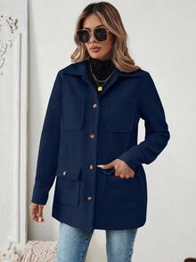 EMERY ROSE Women's Navy Blue Fashionable Front Button Pocket Casual Jacket Coat