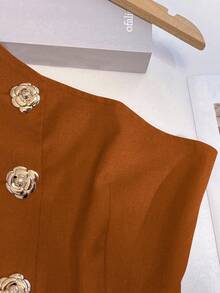 Franclia Fashionable & Elegant S-Shaped Sexy Asymmetric Shoulder Metal Buckle Decor Black Blouse For Women, Spring/Summer - Burnt Orange - View 4