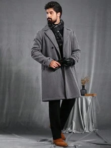 Manfinity CasualCool 男士纯色简约日常长袖大衣 男士长款外套 男士外套 男士教堂灰冬季 - 深灰色 - 查看 3