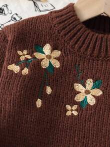 SHEIN Vintaside Kids 少女復古公主風花卉刺繡圓領長袖套頭針織毛衣 棕色鄉村風秋季仙氣藍上衣 - 棕色 - 查看 3