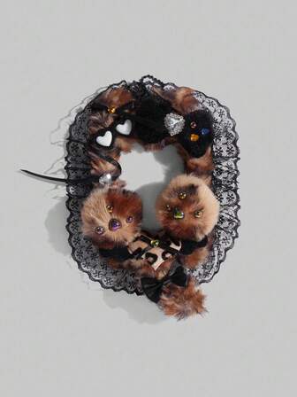 Portachiavi/portacarte con stampa leopardata, fiocco soffice, cuore con strass e bordo in pizzo, stile casual e anime, porta carte multifunzione per documenti, carte di credito e foto