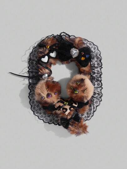 Llavero con estampado de leopardo, lazo esponjoso, corazón con strass y ribete de encaje, estuche de tarjetas de moda casual con estilo anime de uso múltiple para tarjeta de identificación, tarjeta de crédito, fotos