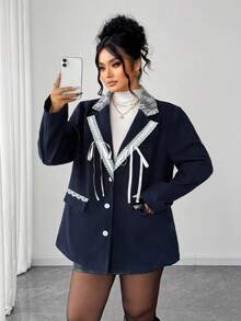 Elenzga Plus Size Women Front Button Long Sleeve Overcoat, Casual For Autumn/Winter - Navy Blue - View 6