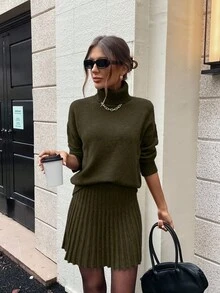 SHEIN LUNE 2pcs Women High Neck Drop Shoulder Long Sleeve Solid Color Knit Sweater Set - Army Green - View 3