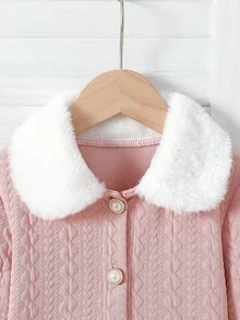 SHEIN Elladie kids 年轻女孩优雅粉色纹理面料腰部拼接白色仿毛领连衣裙，秋冬 - 藕粉色 - 查看 3