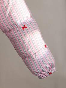 Teen Girl Pink Stylish Sweet Striped Butterfly Fur Collar Hooded Jacket, Suitable For Winter, Daily Commute, School, Outing, And Photography