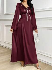 Al Najma 女式优雅长袖阿拉伯风格水钻装饰连衣裙 - 酒紅色 - 查看 6