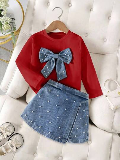 Elladie kids Conjunto de camiseta de manga larga con cuello redondo y diseño de lazo y perlas, combinada con falda pantalón vaquera de talle alto, diseño de perlas, atuendo para volver al colegio, adecuado para todas las estaciones, para niñas de moda casual diaria y callejera