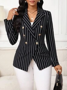 SHEIN Lady Damen Herbst gestreifter Kragen Langarm Doppelreiher eleganter Büro Blazer