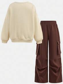 SHEIN Girlism 少女英文图案印花圆领运动衫和工装口袋裤休闲装 - 棕色 - 查看 2