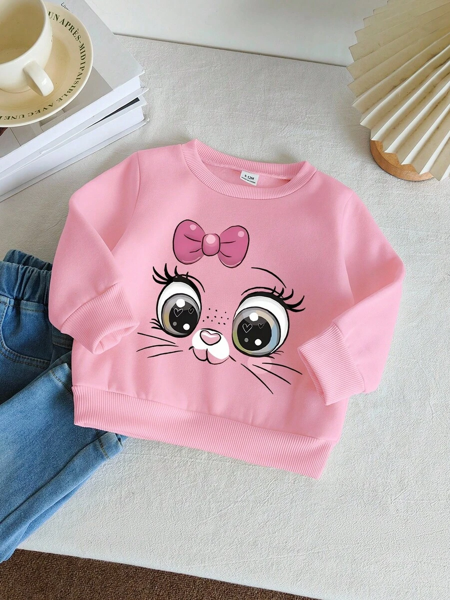 SHEIN 女婴可爱蝴蝶结猫脸印花保暖圆领长袖卫衣，适合秋冬季外出穿着 - 粉色 - 查看 1