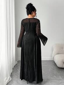 Elenzga Vestido largo elegante de mujer talla grande con cuello cuadrado, manga abullonada de malla y perlas, diseño de cintura ceñida, longitud maxi, sofisticado - Negro - Ver 2