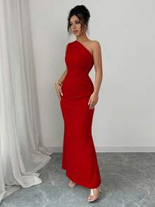 Elenzga 女士无袖斜肩束腰优雅浪漫花卉印花连衣裙 - 紅色 - 查看 5