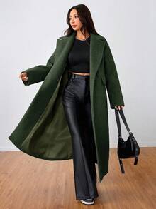 SHEIN Unity Casual Lapel Long Overcoat - Army Green - View 6