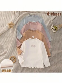 Loomiva 4件套女婴字母图案针织柔软圆领长袖套装