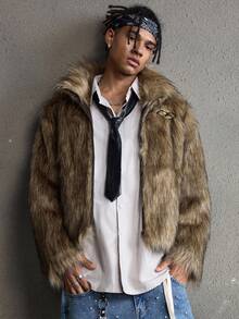 AXEPEAK Men's Autumn/Winter Zipper Faux Fur Casual Long Sleeve Coat - Khaki - View 5