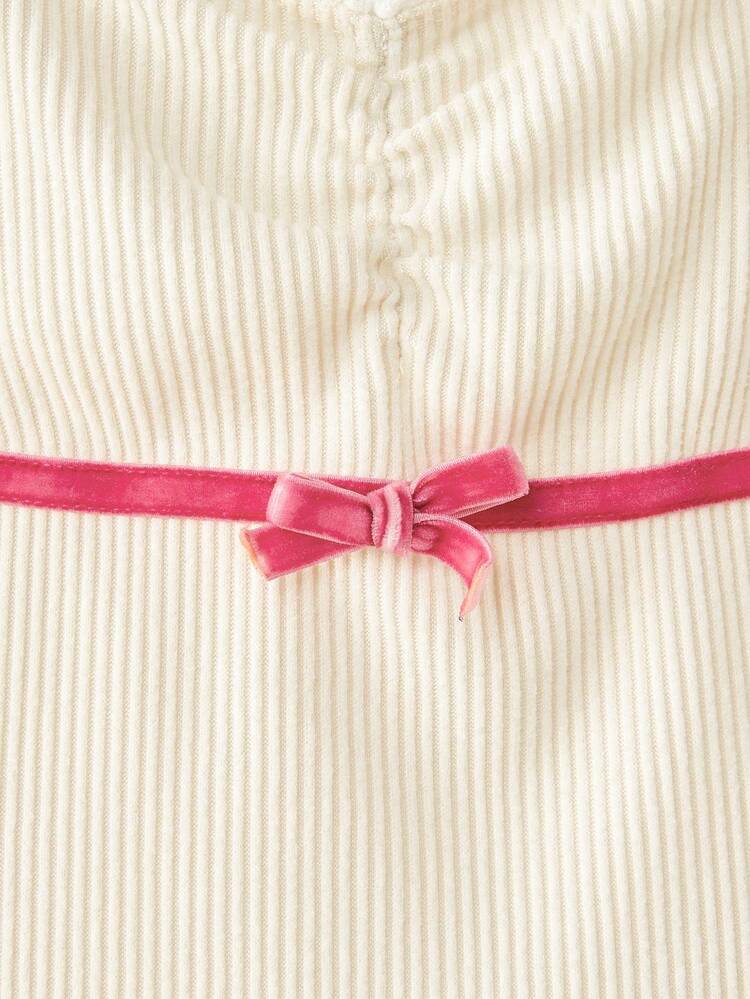 Top de Manga Longa Canelada com Detalhe de Laço de Veludo Rosa, Estilo Francês Primavera Verão Parisiense