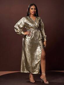 Veslaya Robe femme grande taille automne/hiver 2025, robe de cocktail moulante à col V profond et manches longues, élégante. Convient pour les concerts de musique country, les invités de mariage, les sorties en amoureux, les soirées de gala - Champagne - Voir 3